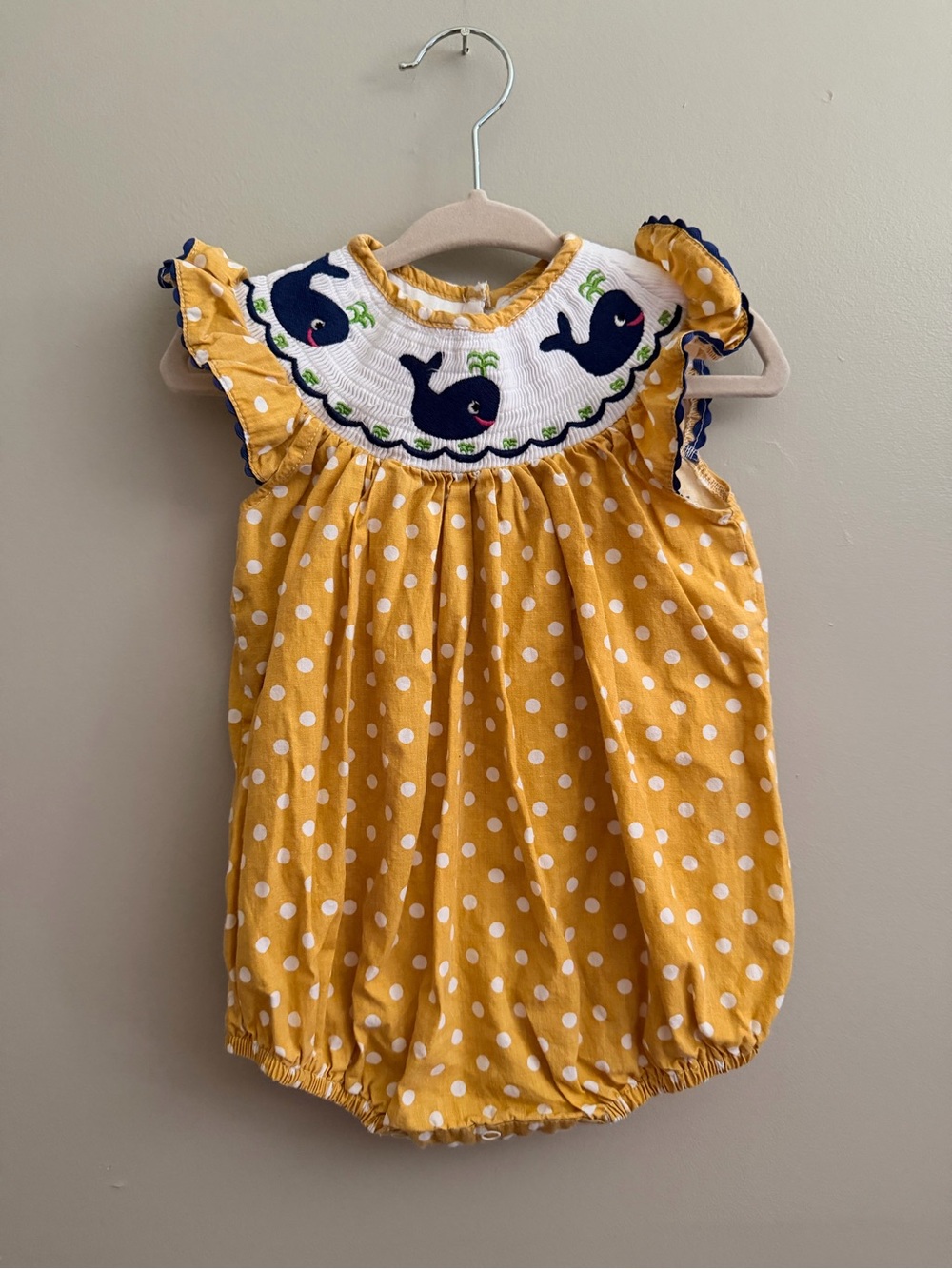 Lil Cactus Mustard Polka Dot Whales Smocked Bubble Romper 3-6m
